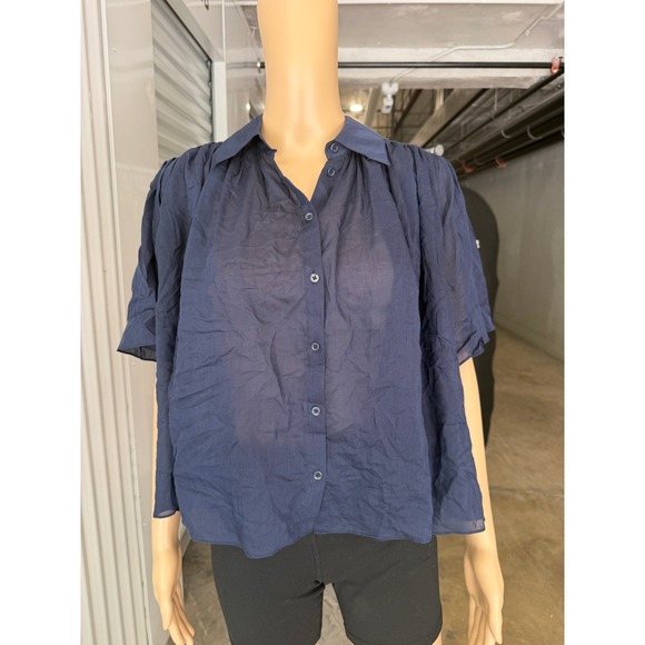 Quince Tops - QUINCE Navy Blue Silk Cotton Blend Short Sleeve Button Up Blouse Top Small